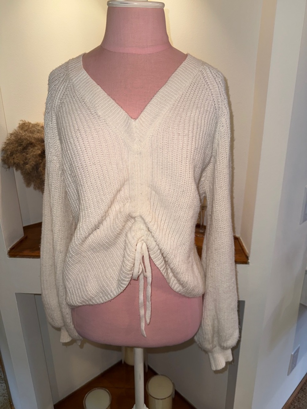 SO Cream V-Neck Drawstring Knit Sweater